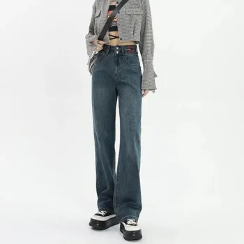 Женские джинсы, винтажные прямые брюки Y2K с высокой талией, Весна и лето, Новые брюки с карманами на пуговицах, свободная женская одежда ZM080