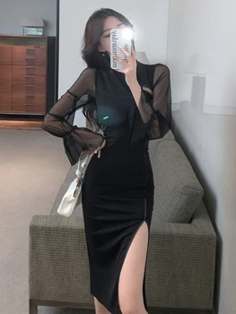 Черное элегантное платье в китайском стиле для женщин с винтажным воротником-стойкой, женское сексуальное платье с высоким разрезом и длинным рукавом, тонкое