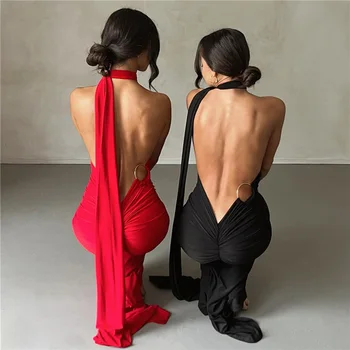 Сексуальное вечернее платье на бретелях с открытой спиной, Элегантное модное драпированное платье Макси, женские летние платья на бретелях 2023 года, женские вечерние платья на длинных бретелях