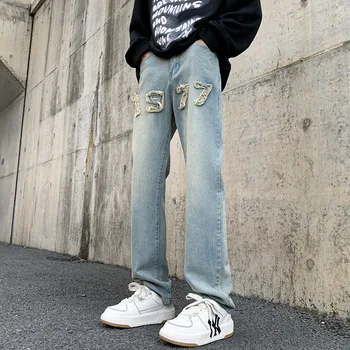 Мужские джинсы Y2K с вышитым номером стирки в стиле ретро, джинсовые брюки High Street, прямые тонкие повседневные джинсы, брюки с надписью