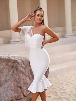 Элегантное белое платье Русалки на одно плечо, летнее облегающее миди-бандаж без рукавов, Vestidos, Сексуальная клубная одежда для вечеринок, женская одежда