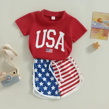 Комплекты Одежды на День независимости для маленьких мальчиков, красные топы с буквенным принтом и короткими рукавами + Шорты на шнурке в полоску со звездами