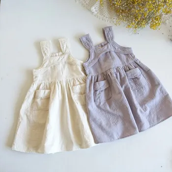 Милое платье для летней девочки, однотонное хлопчатобумажное платье с 2 карманами, детский костюм для девочек