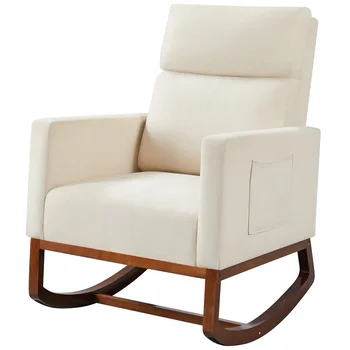 2023 Новое современное кресло-качалка Smile Mart с мягкой обивкой и ножками из каучукового дерева для гостиных