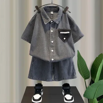 Подростковые комплекты одежды для мальчиков от 2 до 10 лет, Лето 2023, детская джинсовая рубашка с коротким рукавом + джинсовые шорты, костюмы из 2 предметов, детская одежда