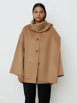 Женская верхняя одежда 2023, Осень-зима, Свободный простой шарф, воротник, ниша, Двустороннее шерстяное пальто
