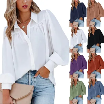 Женская свободная блузка OL на пуговицах, топы, весенняя рабочая одежда с отложным воротником и длинным рукавом-фонариком, блузки, рубашки YPZJ-AL88112
