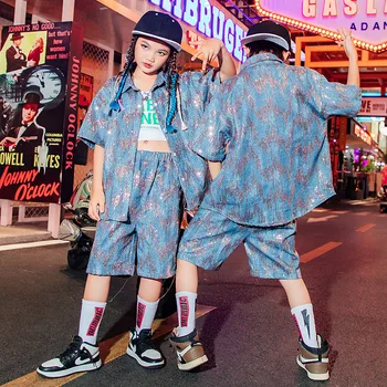 Уличная одежда для мальчиков и девочек, модный показ одежды в стиле хип-хоп, Свободная Повседневная рубашка с коротким рукавом и блестками, Шорты, Комплекты детских костюмов