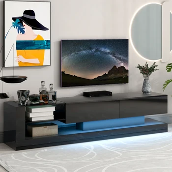 Черная Подставка для телевизора с Двумя Шкафами для хранения мультимедиа для 75-дюймового телевизора, 16-цветная RGB Светодиодная Подсветка для Гостиной