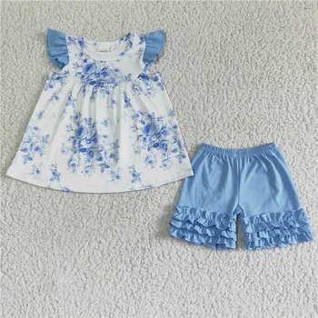 Одежда с голубыми розами для маленьких девочек, Детская Летняя Хлопковая одежда с короткими рукавами и рюшами оптом, Хлопковые шорты для малышей, Комплект детской одежды