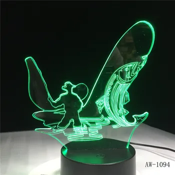 Рыбаки Рыбалка 3D Настольная лампа LED Ночник с 7 сменами цветов Атмосфера Спальни Освещение Декор Подарки любителям рыбалки 1094