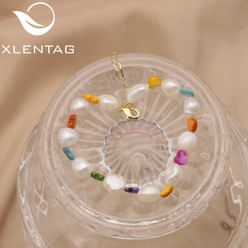 XlentAg Красочные Новые украшения из натурального пресноводного жемчуга для женщин с цветным каменным сердечком Модный повседневный браслет