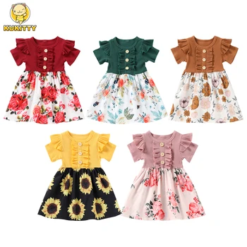 Летнее детское платье для девочек, повседневная детская одежда, платья для девочек с коротким рукавом и цветочным принтом, цельная одежда для 1-4 лет