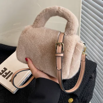 Зимняя модная плюшевая сумка на плечо с верхней ручкой для женщин, маленькая меховая сумка-тоут с клапаном, меховая сумка через плечо, кошелек