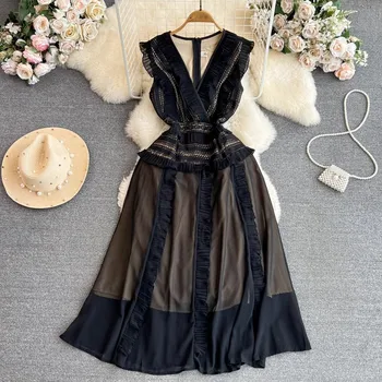 Модное летнее черное платье без рукавов для подиума, женское платье миди с V-образным вырезом и оборками, шифоновое кружевное лоскутное платье с открытой вышивкой
