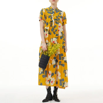 Johnature 2023 Летнее Модное уличное платье с цветочным принтом Для женщин, повседневные Свободные платья с воротником-стойкой и коротким рукавом