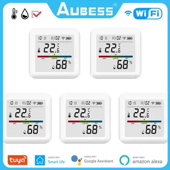 Беспроводной Датчик температуры и влажности в умном доме AUBESS Tui со светодиодным экраном-термометром Работает с Google Assistant