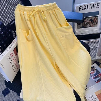 Желтые широкие брюки, женские Корейские модные спортивные брюки, свободные повседневные Y2k, уличная одежда, Винтажные брюки, эстетика 90-х