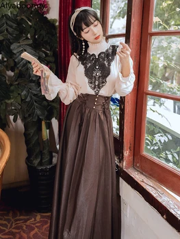 Осенний женский элегантный комплект в английском стиле с гофрированным воротником, кружевная блузка с оборками + Макси-бандаж, юбка с высокой талией, готические винтажные наряды