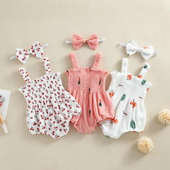 0-18 м Летняя одежда для маленьких девочек, Комбинезон без рукавов с принтом вишни/моркови/дерева, комбинезон для девочек, Модная одежда для младенцев, наряд