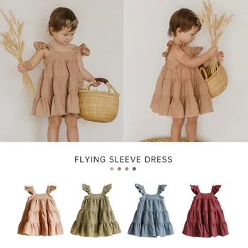 Пляжное платье для девочек с кружевами и оборками, летнее винтажное льняное хлопчатобумажное детское платье для девочек, одежда для маленьких девочек, платье для торта, детское платье