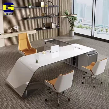 Окрашенный офисный стол Простой Модный Современный Роскошный Белый Стол для начальницы, большой рабочий стол для президента, комбинация стульев