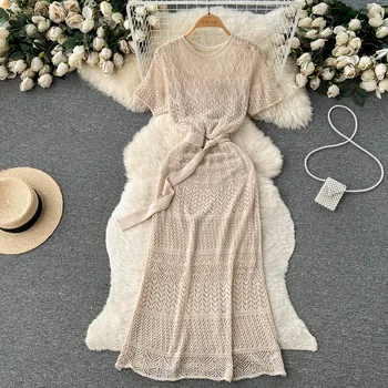 Croysier New In Dresses 2023 Женское Элегантное Ажурное трикотажное платье на подкладке, круглый вырез, Короткий рукав, Летнее платье миди с поясом