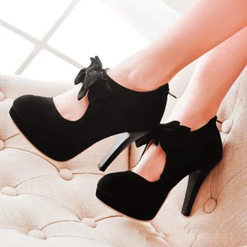 EAGSITY, Черные туфли-лодочки, женские туфли на высоком каблуке, шпильке, с бантом-бабочкой, с круглым носком, на платформе, для вечеринок, танцев, женская обувь из флока