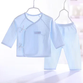 Комплект хлопчатобумажной одежды в рубчик для маленьких девочек и мальчиков, Рубашка + брюки, Летняя одежда для новорожденных, Пижамы с длинными рукавами, Одежда для малышей 0-6 м