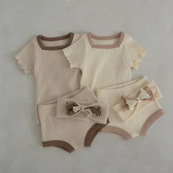 Летний комплект детской одежды 2023 года, Хлопковая одежда в полоску для мальчиков и девочек, детский комбинезон с коротким рукавом, боди, одежда для новорожденных