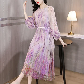 Женское Фиолетовое шелковое платье Миди с цветочным рисунком в стиле Бохо, Весна-лето, облегающее платье с длинным рукавом, новинка 2023 года, Корейское модное элегантное вечернее платье