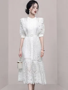 Новое модное Летнее длинное платье в корейском стиле, однобортное Белое кружевное Открытое расклешенное платье с коротким рукавом, Женская одежда Vestido