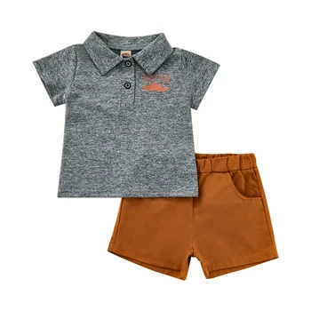 Детские Летние шорты для мальчиков, костюмы, рубашка с короткими рукавами и буквенным принтом с лацканами, однотонные шорты с эластичной резинкой на талии