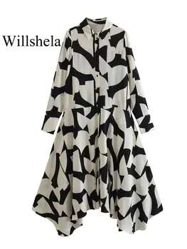 Willshela Женское однобортное платье миди с модным принтом, винтажные платья с отворотом и длинными рукавами, женские шикарные платья для леди