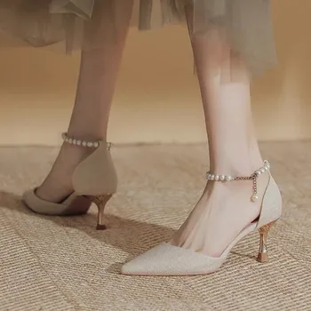 Женские туфли на высоком каблуке-шпильке, новинка 2023 года, модные открытые тонкие туфли с жемчужным мелким носком, универсальная женская обувь, сандалии Baotou