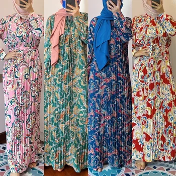 Новая Мода Цветочный Принт Плиссированное Платье Макси Дубай Турция Абая Женский Мусульманский Кафтан Арабский Халат Исламская Джалабия Ближний Восток Платье