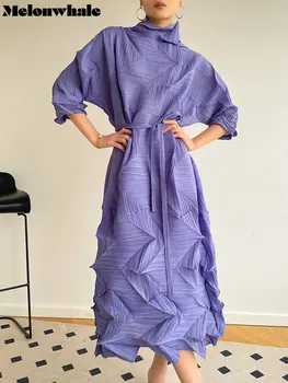 MelonWhale Miyake Pleats Фиолетовое платье со складками ручной работы с бриллиантами и поясом для женщин 2023, весна-лето, Корейское Новое Свободное платье большого размера