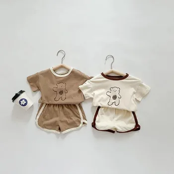 Детская одежда с мультяшным мишкой от 6 м до 4 лет, повседневный милый комплект из двух предметов для мальчиков и девочек, летняя детская одежда, костюмы с короткими рукавами, домашняя одежда