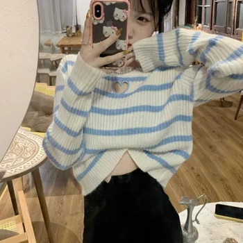 Y2k Винтажный укороченный вязаный топ в полоску в виде сердца, женский свитер с длинными рукавами в стиле опрятности, корейский модный тонкий джемпер