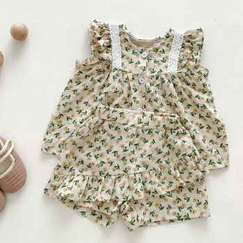 Летняя одежда для новорожденных девочек, хлопковый жилет без рукавов с цветочным принтом + шорты, комплект детской одежды