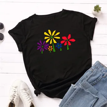 Женские футболки, креативные красочные футболки с цветочным принтом, женская футболка, женские футболки с круглым вырезом и коротким рукавом, летняя футболка