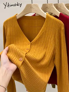 Вязаный кардиган Yitimoky для женщин Осень-зима 2022, Корейский модный свитер оверсайз с V-образным вырезом, Офисные женские джемперы с длинным рукавом