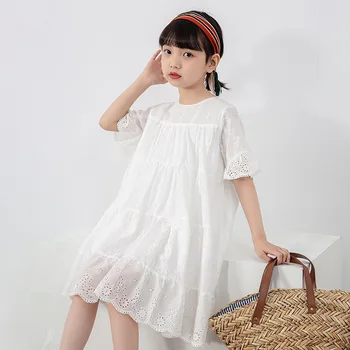 Повседневное платье для девочек 2023, летнее белое платье принцессы с коротким рукавом, новая детская хлопчатобумажная свободная одежда, #7297