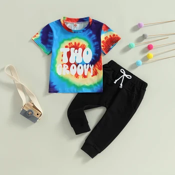 Летняя Одежда из 2 предметов для маленьких мальчиков с коротким рукавом, футболка с буквенным принтом и эластичный повседневный комплект из длинных штанов