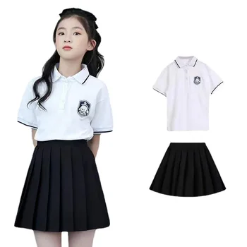 Комплекты летней одежды для юниоров, форменные костюмы Jk, детская Белая рубашка поло с коротким рукавом + черная плиссированная юбка, комплект из 2 предметов, детская одежда для отдыха