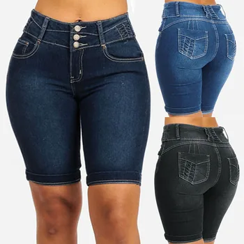 Новые сексуальные модные женские женские джинсовые обтягивающие шорты с высокой талией, стрейчевые облегающие джинсы, тонкие шорты, стрейчевые короткие джинсы длиной до колен