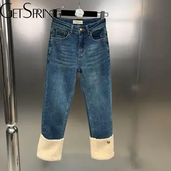 Женские джинсовые брюки GetSpring 2023, весенние плотные прямые джинсы с высокой талией, Свободные Длинные синие джинсовые брюки, универсальные женские джинсы
